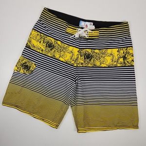 Vintage OP Ocean Pacific Mens 36 Geometric Stripe Floral Board‎ Shorts Yellow